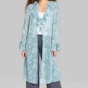 Duster Kimono coverup long sleeve tie front pretty green floral print medium